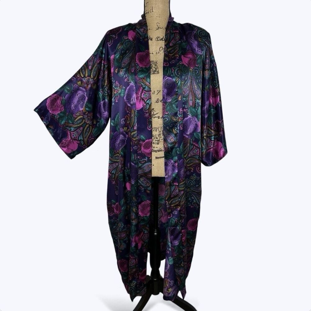 Vintage Inner Most Satin Maxi Robe Sz L Kimono Style‎ Dark Floral No Belt USA